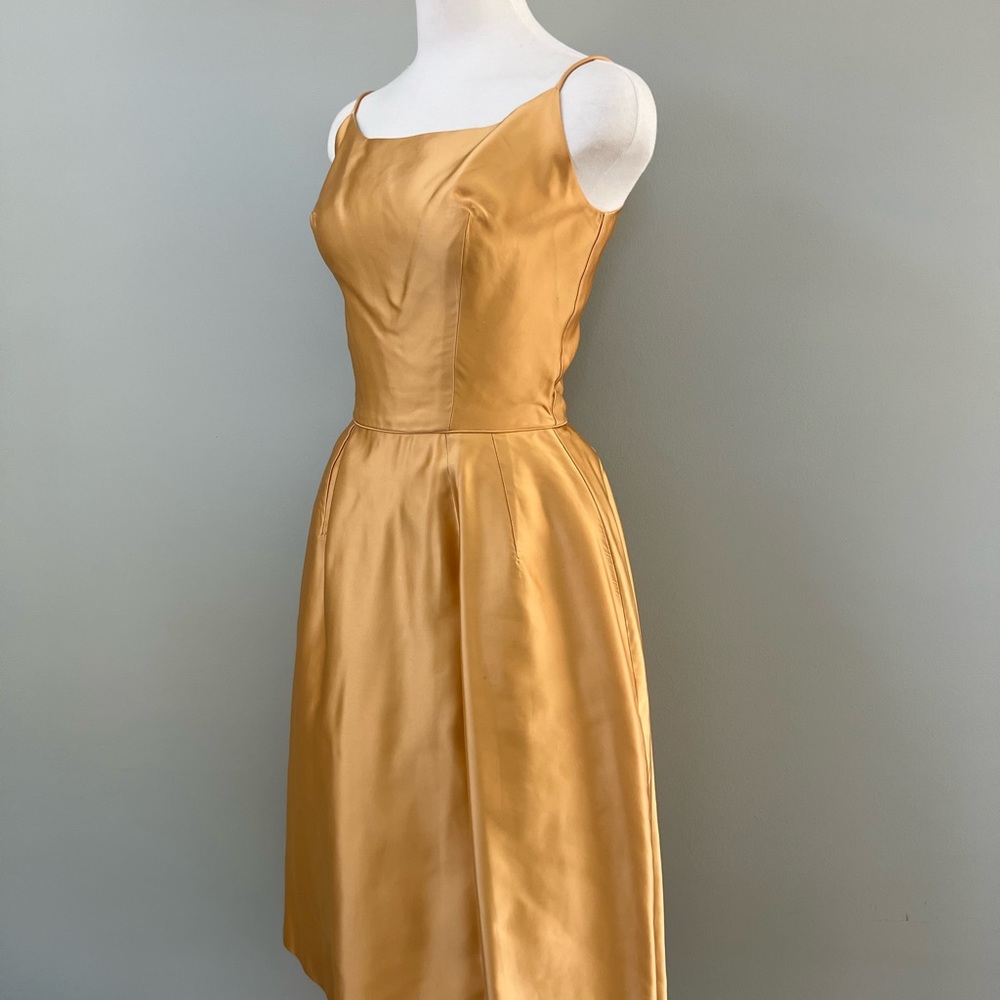 Vintage Gold Satin Spaghetti Strap Prom Dress - Picture 2 of 5